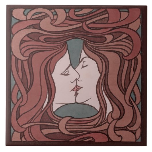 Der Kuss Peter Behrens Art Nouveau Art Deco Cerami Fliese (Vorderseite)