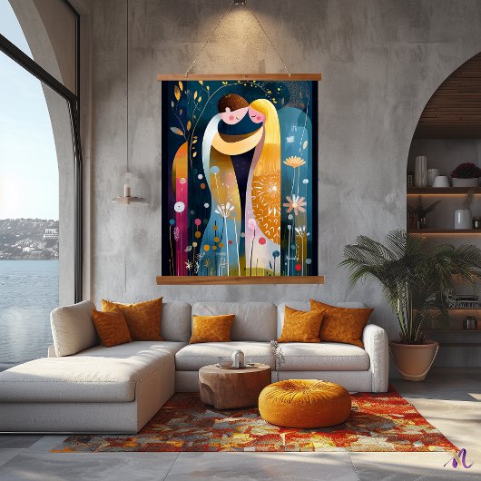 Der Kuss Reimaged: Abstrakte romantische Kunst Wandteppich Mit Holzrahmen