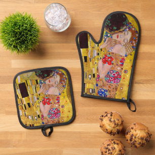 Der Kuss von Gustav Klimt, Vintage Art Nouveau Ofenhandschuh & Topflappen-Set