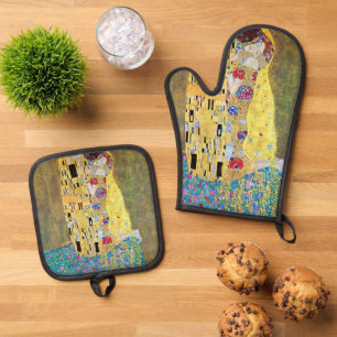 Der Kuss von Gustav Klimt, Vintager Jugendstil Ofenhandschuh & Topflappen-Set