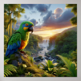 Der lebendige Amazonas-Parrot im üppigen Regenwald Poster
