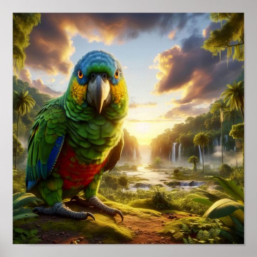 Der lebendige Amazonas-Parrot im üppigen Regenwald Poster (Vorne)