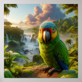 Der lebendige Amazonas-Parrot im üppigen Regenwald Poster