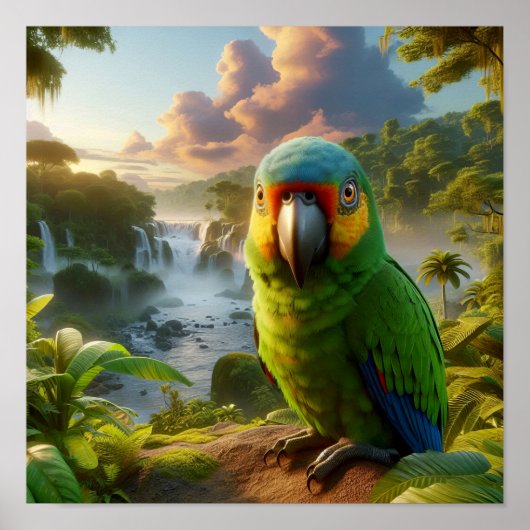 Der lebendige Amazonas-Parrot im üppigen Regenwald Poster (Vorne)