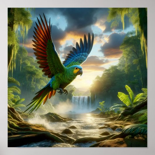 Der lebendige Amazonas-Parrot im üppigen Regenwald Poster (Vorne)
