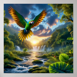 Der lebendige Amazonas-Parrot im üppigen Regenwald Poster