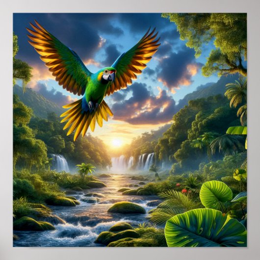 Der lebendige Amazonas-Parrot im üppigen Regenwald Poster (Vorne)