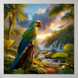 Der lebendige Amazonas-Parrot im üppigen Regenwald Poster