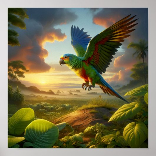 Der lebendige Amazonas-Parrot im üppigen Regenwald Poster (Vorne)