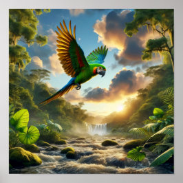 Der lebendige Amazonas-Parrot im üppigen Regenwald Poster