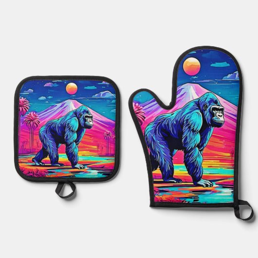 Der lebendige Neon Gorilla in einem surrealen Dsch Ofenhandschuh & Topflappen-Set (Vorderseite)