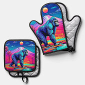 Der lebendige Neon Gorilla in einem surrealen Dsch Ofenhandschuh & Topflappen-Set (Vorderseite/Rückseite)