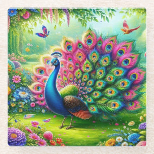 Der lebendige Pfau in einem Fantasy-Garten Malerei Glasuntersetzer