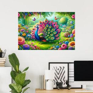 Der lebendige Pfau in einem Fantasy-Garten Malerei Poster