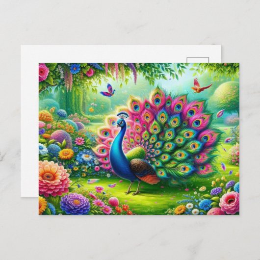 Der lebendige Pfau in einem Fantasy-Garten Malerei Postkarte (Vorne/Hinten)