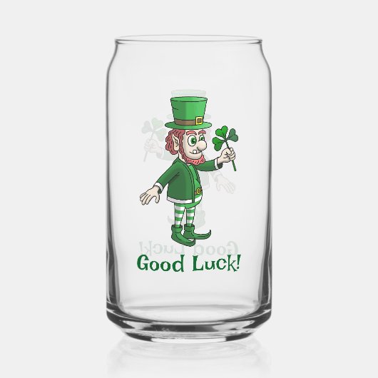 Der Leprechaun hält ein Kleeblatt Dosenglas (Vorderseite)