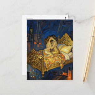 Der Liebhaber Kuss Magisches Bett über der Stadt Postkarte