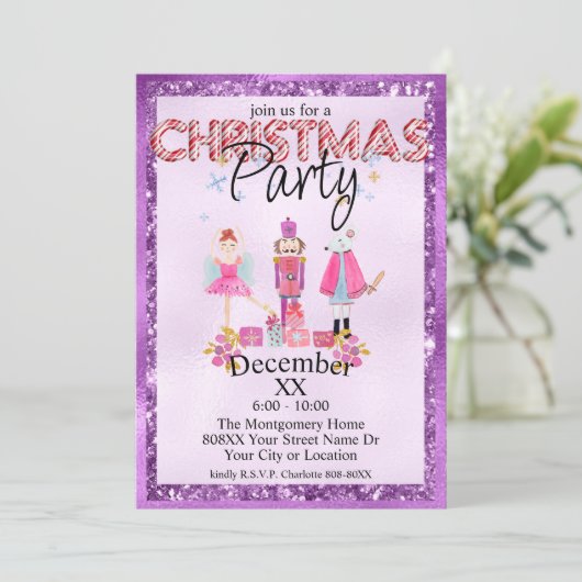 Der Lila Glitzer für das Nutcracker-Weihnachtswass Einladung (Stehend Vorderseite)
