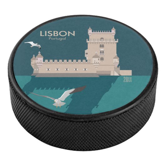 Der Lissaboner Turm von Belem im Stil eines alten Eishockey Puck (3/4)