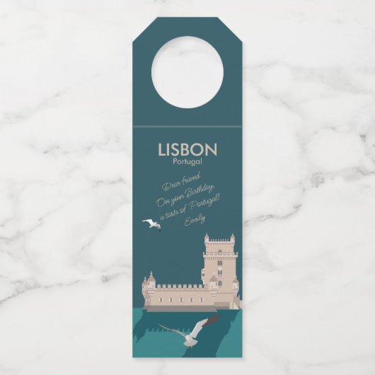 Der Lissaboner Turm von Belem im Stil eines alten Flaschenanhänger (Vorderseite)