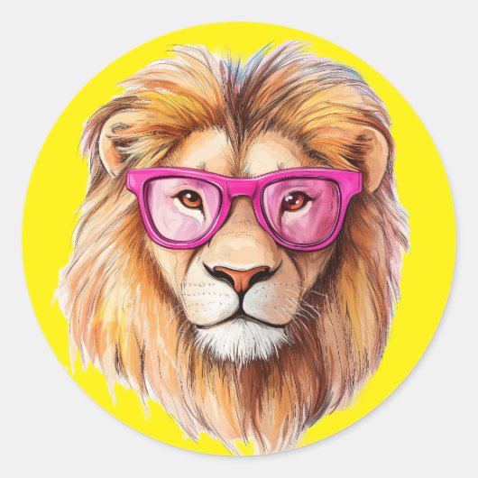 Der Löwe mit rosa Brille Gelber Hintergrund Runder Aufkleber (Vorderseite)