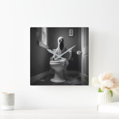 Der lustige Geist sitzt auf der Toilette Quadratische Wanduhr (Zuhause)