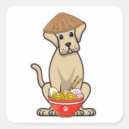 Der lustige große Hund isst Nudeln Quadratischer Aufkleber