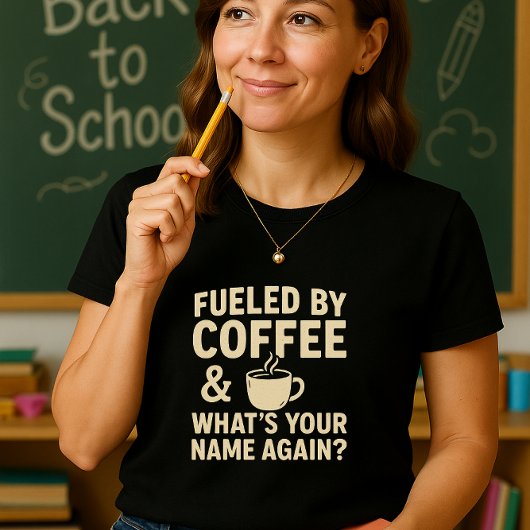 Der lustige Lehrer, angeregt durch Kaffee und was T-Shirt