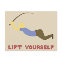 Der lustige Mann, der sich mit dem Angelpol hält