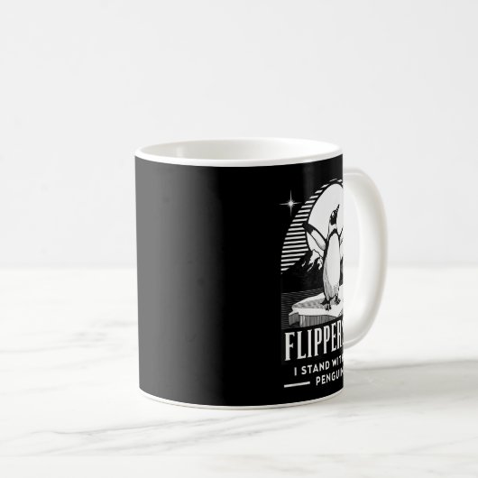 Der lustige Pinguin zieht mich hoch und steht mit Kaffeetasse (VorderseiteRechts)