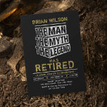 Der Mann, der Mythos, das Party der Pension Einladung<br><div class="desc">"Der Mensch der Mythos der Legende hat sich zurückgezogen" Typografie-Design in schwarz-weiß,  personalisiert Ihren eigenen Namen und Party Details. Große Einladungen in den Ruhestand.</div>