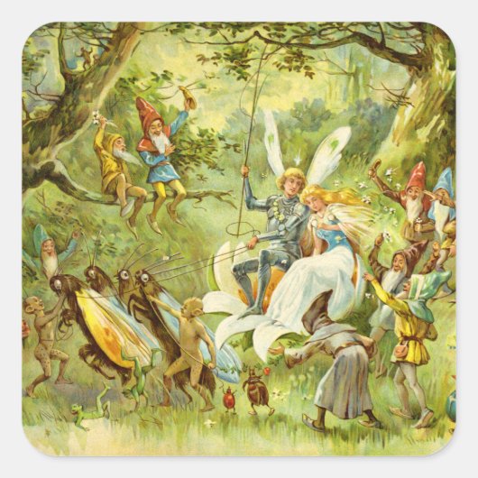 Der Märchenprinz und die Thumbelina Quadratischer Aufkleber (Vorderseite)