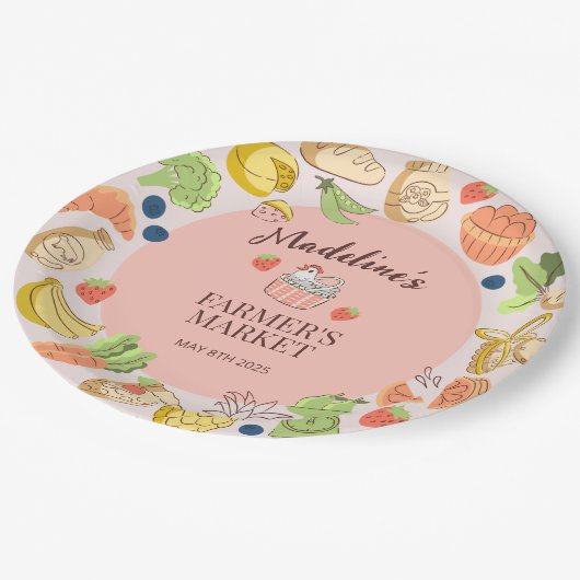 Der Markt für Obst und Gemüse in Pastellrosa Pappteller (Schrägansicht)