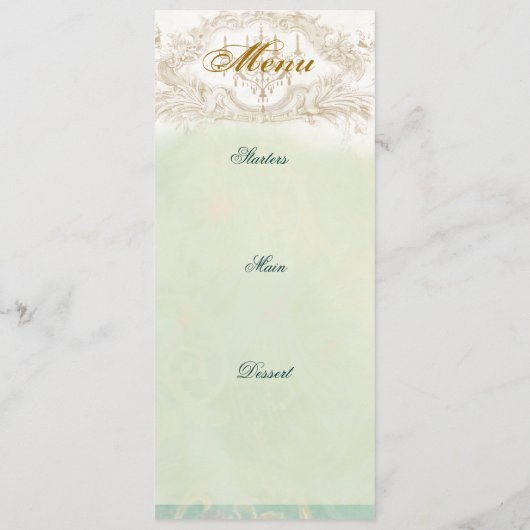 Der Maskenball, das aquamarine Menü und das Gold Menükarte (Rückseite)