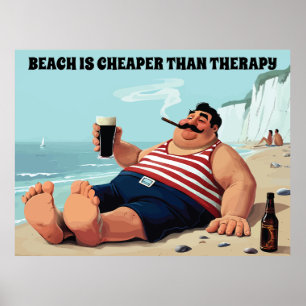 Der Mensch am Strand mit einem Bier, einem tollen Poster