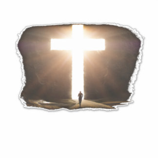 Der Mensch, der zum Christlichen Jesus-Kreuz läuft Aufkleber