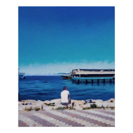 Der Mensch genießt die Aussicht auf den Hafen von  Poster