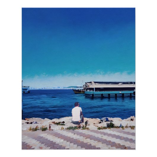 Der Mensch genießt die Aussicht auf den Hafen von Poster (Vorderseite)