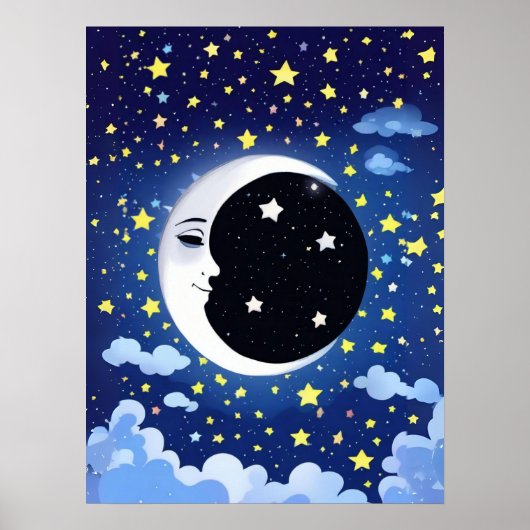 Der Mensch im Mond auf einem Sternenhimmel Poster (Vorne)