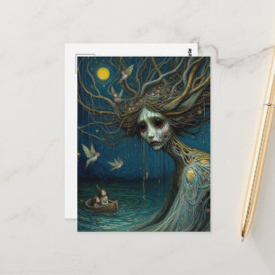 Der menschliche Baum, der Vögel im Mondlicht schüt Postkarte