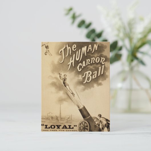 Der menschliche Kanonenball, Vintages Zirkusposter Postkarte (Stehend Vorderseite)