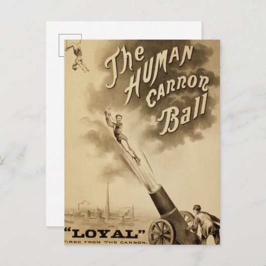 Der menschliche Kanonenball, Vintages Zirkusposter Postkarte (Vorne/Hinten)