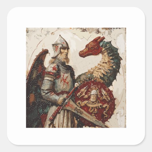 Der mittelalterliche Ritter mit Drachen Quadratischer Aufkleber (Vorderseite)