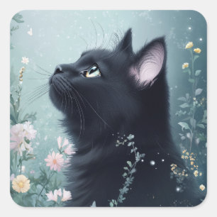 Der Mitternachtsblick einer schwarzen Katze Quadratischer Aufkleber