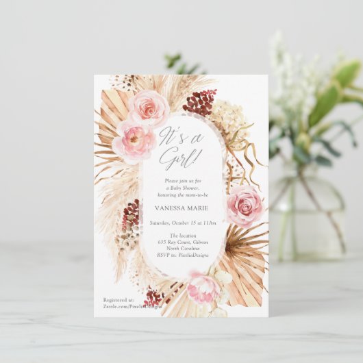 Der moderne boho-Blumenbogen mit Pampen Einladung (Stehend Vorderseite)