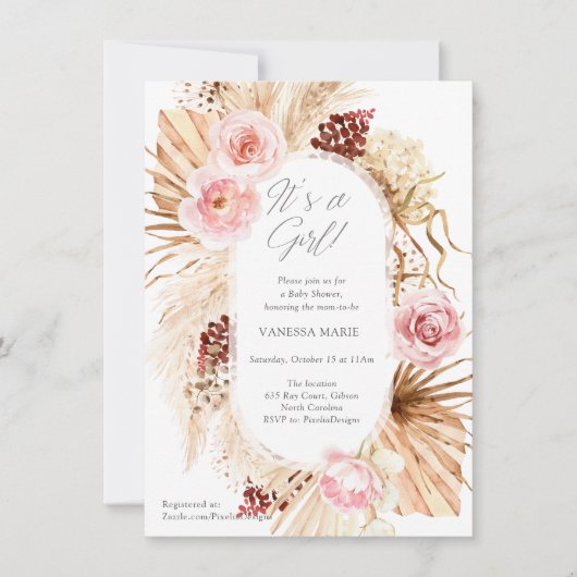 Der moderne boho-Blumenbogen mit Pampen Einladung (Vorderseite)