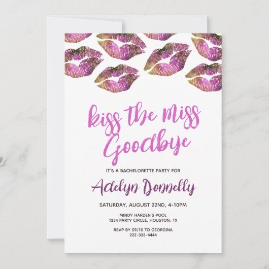 Der moderne Kuss der Miss Goodbye Bachelorette Einladung (Vorderseite)