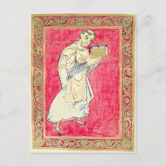 Der Mönch Ruodprehet präsentiert sein Buch Postkarte (Vorderseite)