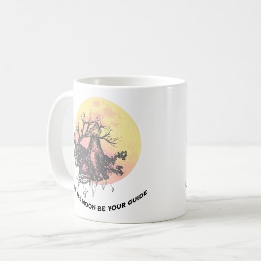 Der Mondführer, Wolf auf dem Mond, rustikale Buchs Kaffeetasse (Vorderseite Links)
