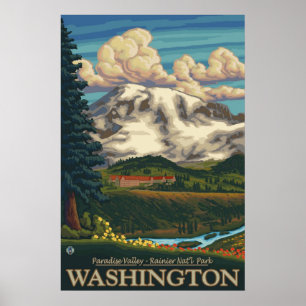 Der Mount Rainier - Paradies-Gasthaus-Häuschen - Poster